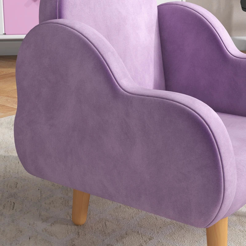 Kids Armchair Toddler Sofa Children Chair with Arm Rest, Wooden Frame, Velvet, PP Legs, Cloud Shape, for Ages 1.5-3 Years - Purple