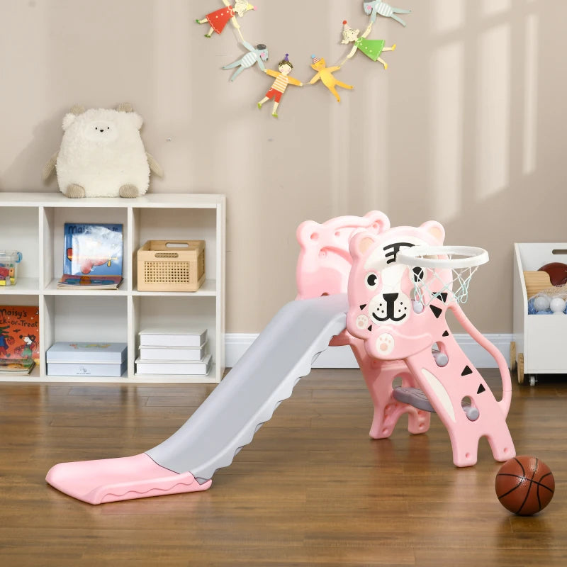 3 in 1 Baby Slide for Indoor Use with Climber, Basketball Hoop, Basketball, for Ages 18-36 Months - Pink