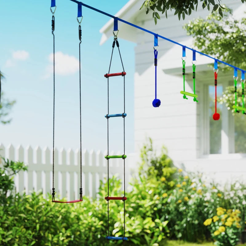 10-Piece Zip Line Kit for Kids with 10m Slackline, Monkey Bars, Swing, Climbing Ladder, Hanging Tray, Metal Rings