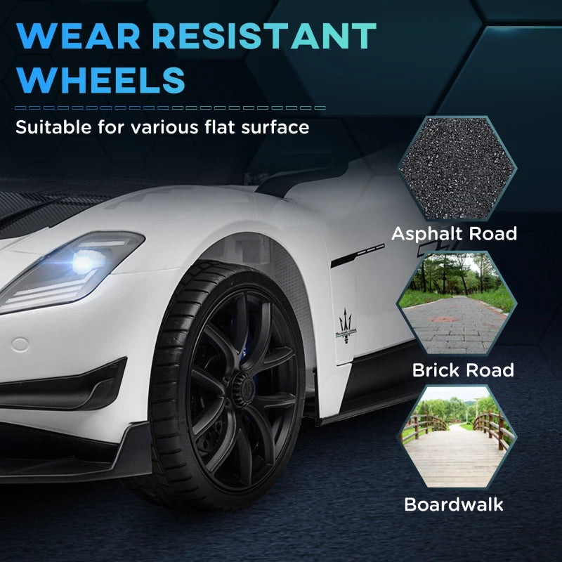 Maserati GT2 Licensed 12V Kids Electric Ride on Car with 4 Suspension Wheels, Remote Control, Music, Horn, Lights, White