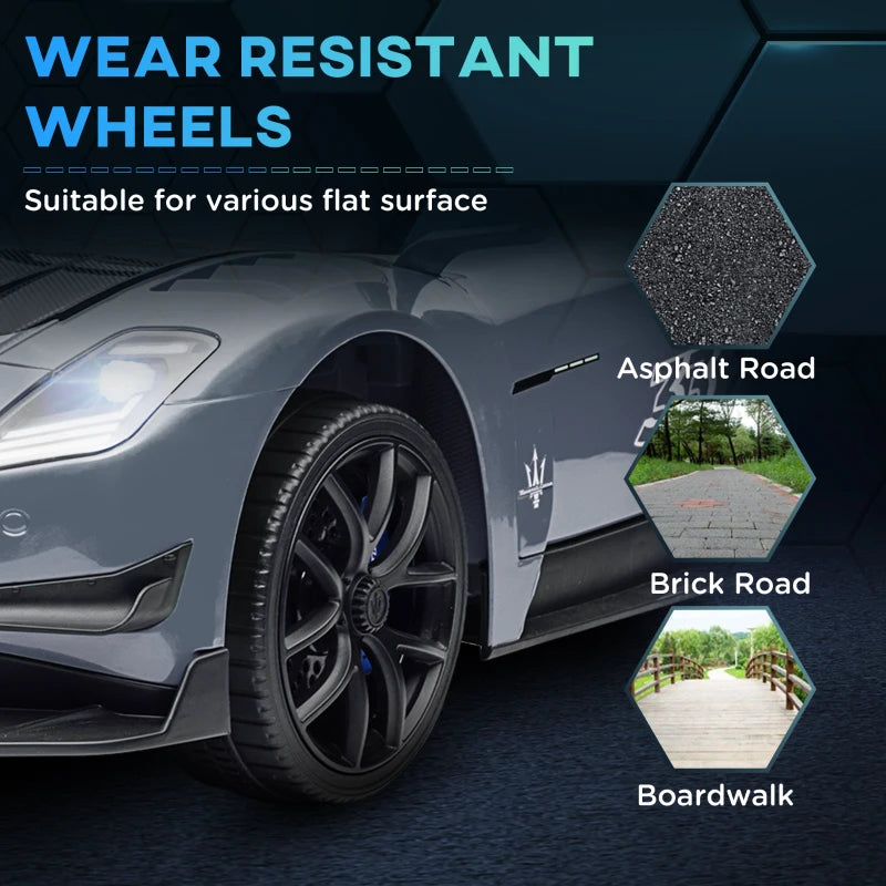 Maserati GT2 Licensed 12V Kids Electric Ride on Car with 4 Suspension Wheels, Remote Control, Music, Horn, Lights, Grey