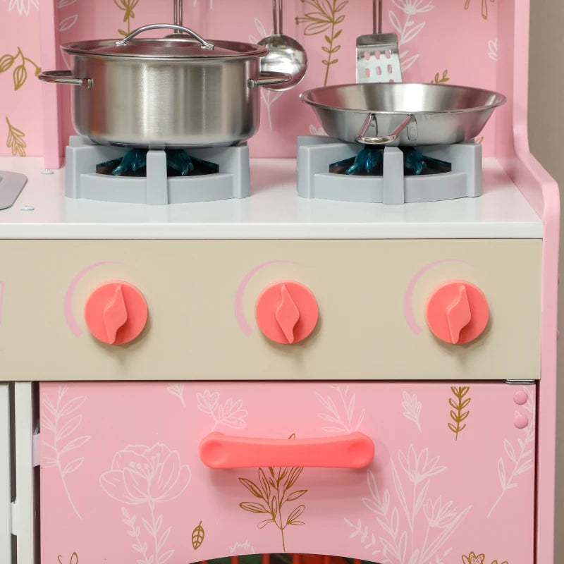 Play Kitchen, Kids Kitchen Set with Lights and Sounds, Double Stoves, Ice Maker, Chalkboard for 3+ Years, Pink