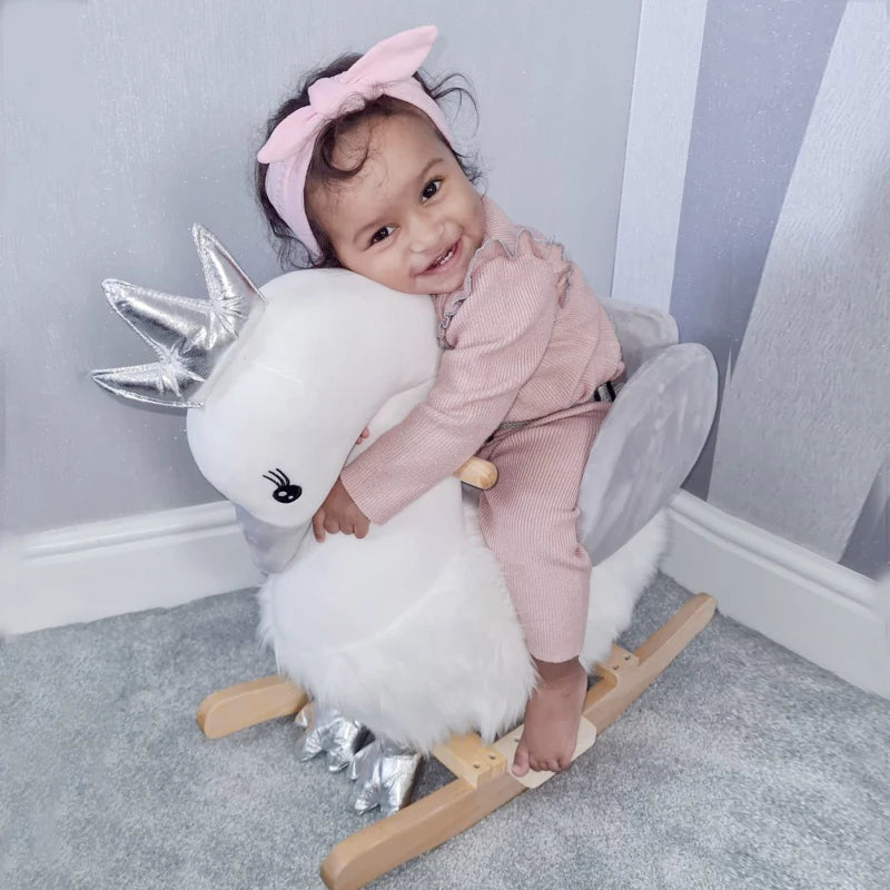 Kids Rocking Horse, Children Plush Ride On Swan Animal Rocker w/ Sound, Wood Base Seat, Safety Belt, Baby Toy Rocker for Toddler 18 - 36 Months, White and Grey