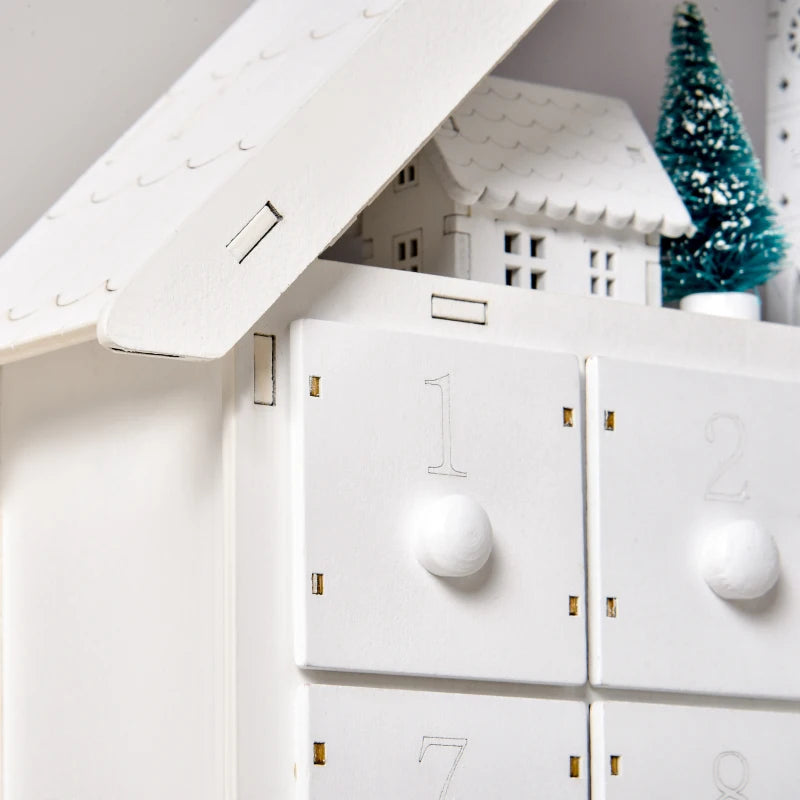 24-Drawer Christmas Advent Calendar, Wooden Light-Up Traditional Decoration, Adults Kids Countdown Holiday House w/ Lights Handle White