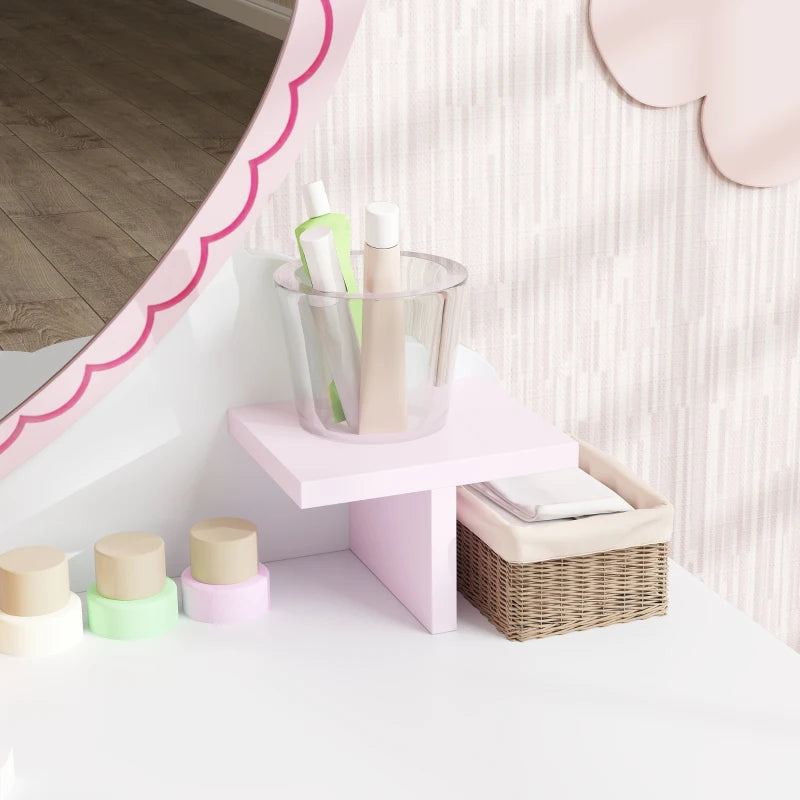 Kids Dressing Table Set, Vanity Table with Stool, Mirror, Drawer, Desktop Storage, Heart Theme, Pink