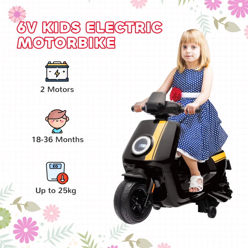 6V Ride on Motorbike, Kids Electric Motorbike w/ Headlights, Music, Training Wheels, for Ages 18-36 Months, Black