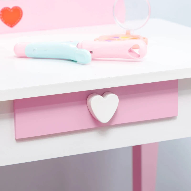Kids Dressing table Set w/ Mirror, Stool, Drawer, Cute Patterns, for Ages 3-6 Years - Pink