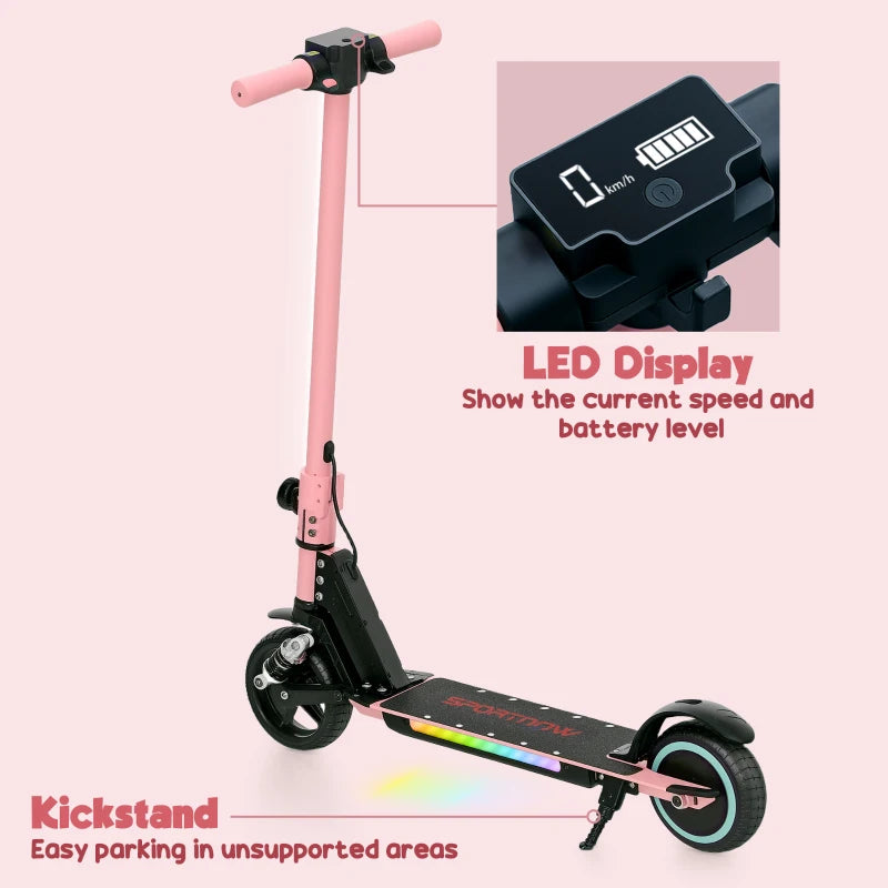 Folding Electric Scooter for Kids, with Dual Brakes, Front Suspension, LED Colourful Lights, Pink