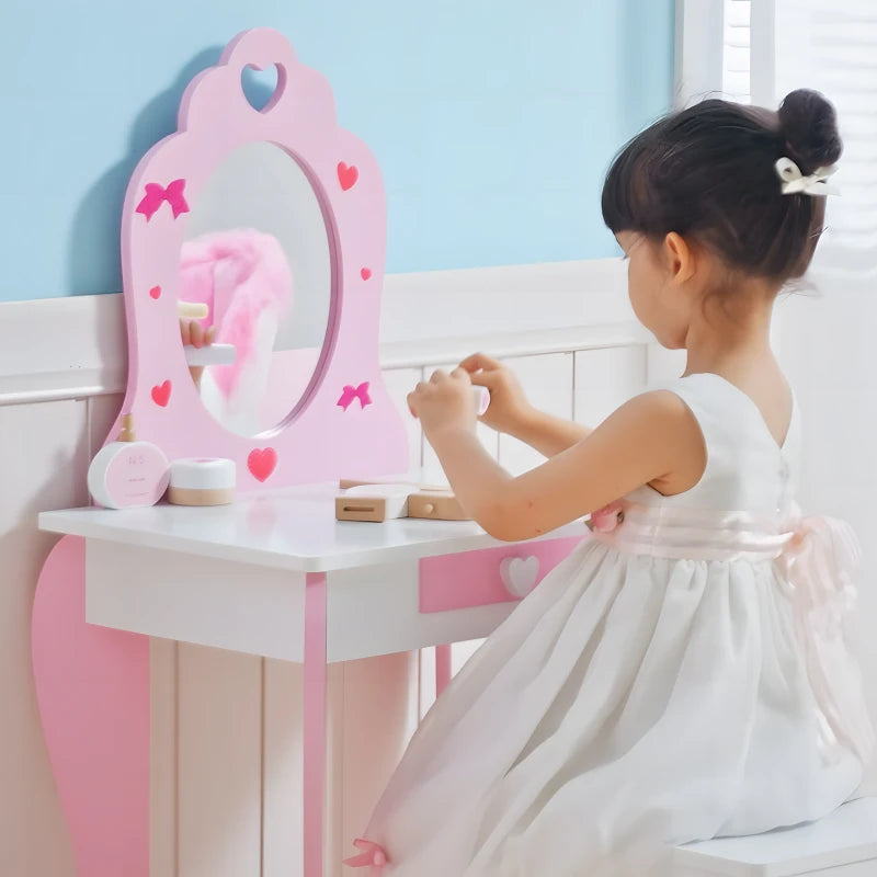 Kids Dressing table Set w/ Mirror, Stool, Drawer, Cute Patterns, for Ages 3-6 Years - Pink