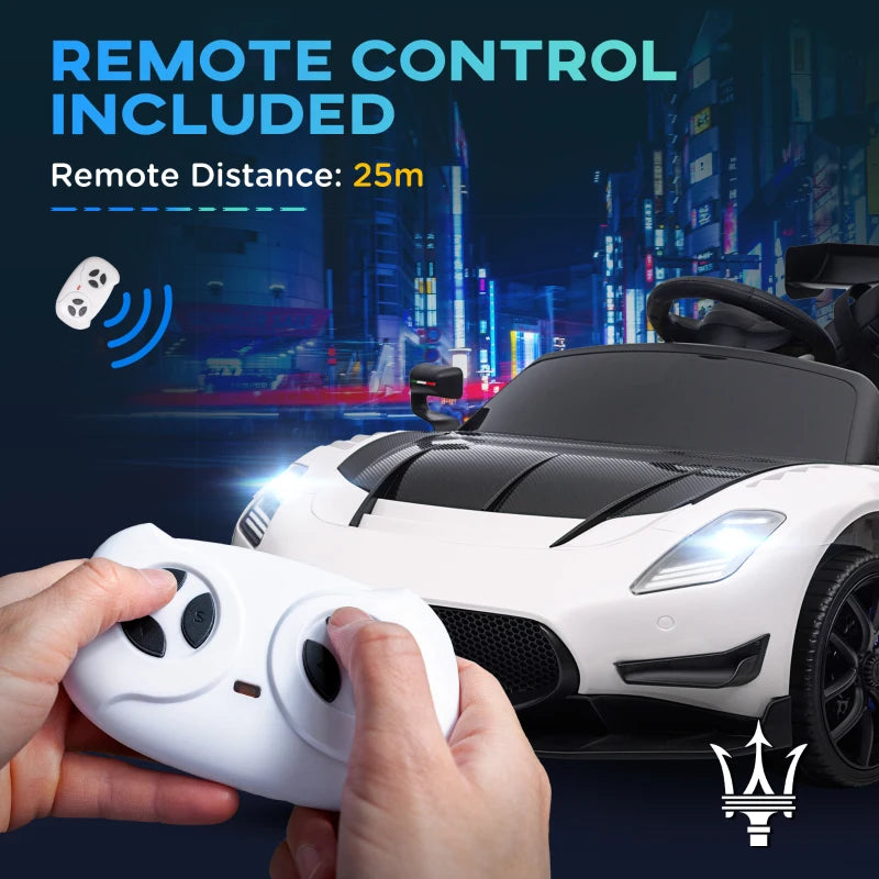 Maserati GT2 Licensed 12V Kids Electric Ride on Car with 4 Suspension Wheels, Remote Control, Music, Horn, Lights, White