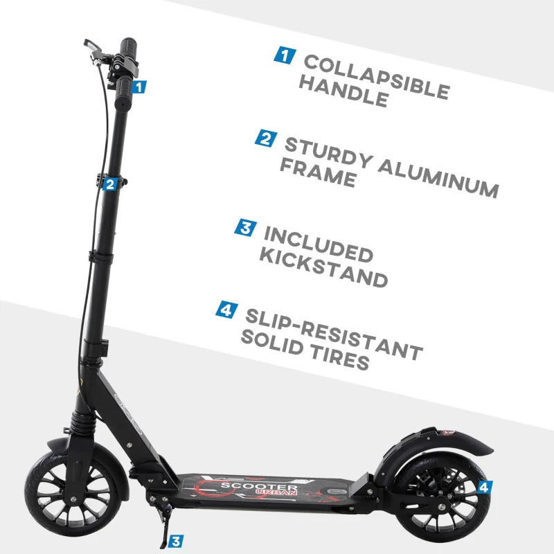 Adult Teens Kick Scooter Foldable Height Adjustable Aluminium Ride On Toy for 14+ w/ Rear Wheel & Hand Brake, 200mm Big Wheels, Shock Mitigation System - Black