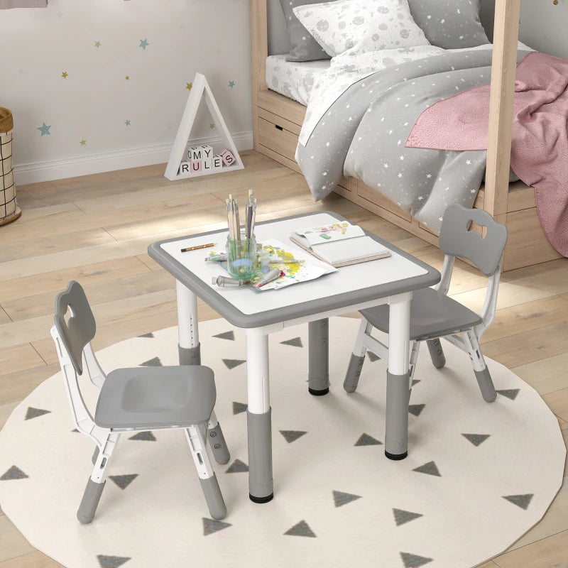 Height Adjustable Toddler Table and Chair Set, 3 Pcs Children Activity Table w/ 2 Chairs, for Playroom, Bedroom - Grey