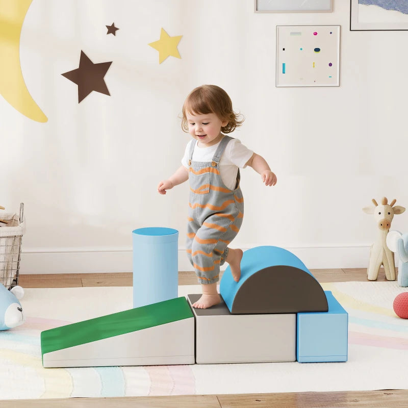 5 Piece Kids Soft Play Set, Climb and Crawl Activity Toys Set for Baby Toddler, Soft Foam Blocks Indoor Play Equipment Learning Toys Blue