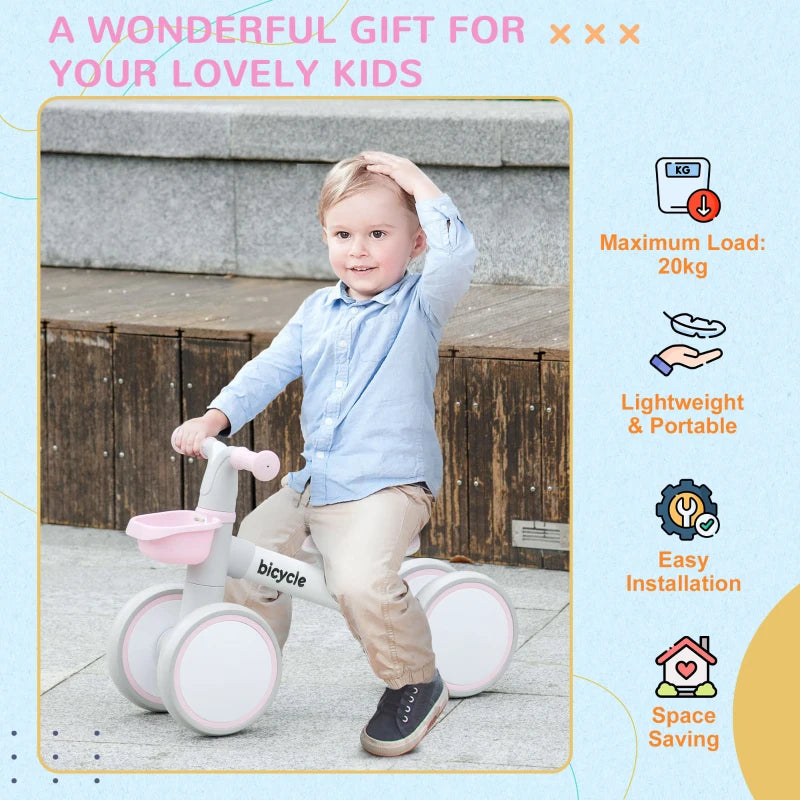 Kids Balance Bike for 1-3 Years Old with Adjustable Seat, Silent Wheels, Pink