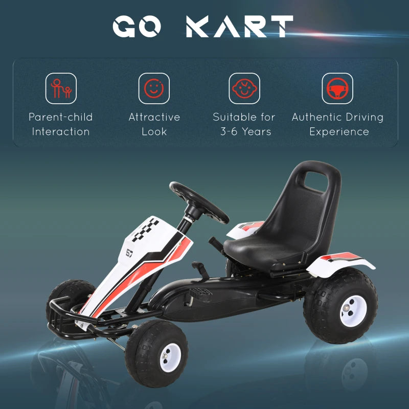 Kids Children Pedal Go Kart Manual Ride On Car w/ Brake Gears Steering Wheel Adjustable Seat 4 Smooth Wheels Racing-Style White 104 x 66 x 57 cm