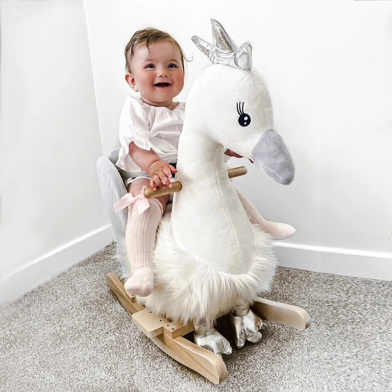 Kids Rocking Horse, Children Plush Ride On Swan Animal Rocker w/ Sound, Wood Base Seat, Safety Belt, Baby Toy Rocker for Toddler 18 - 36 Months, White and Grey