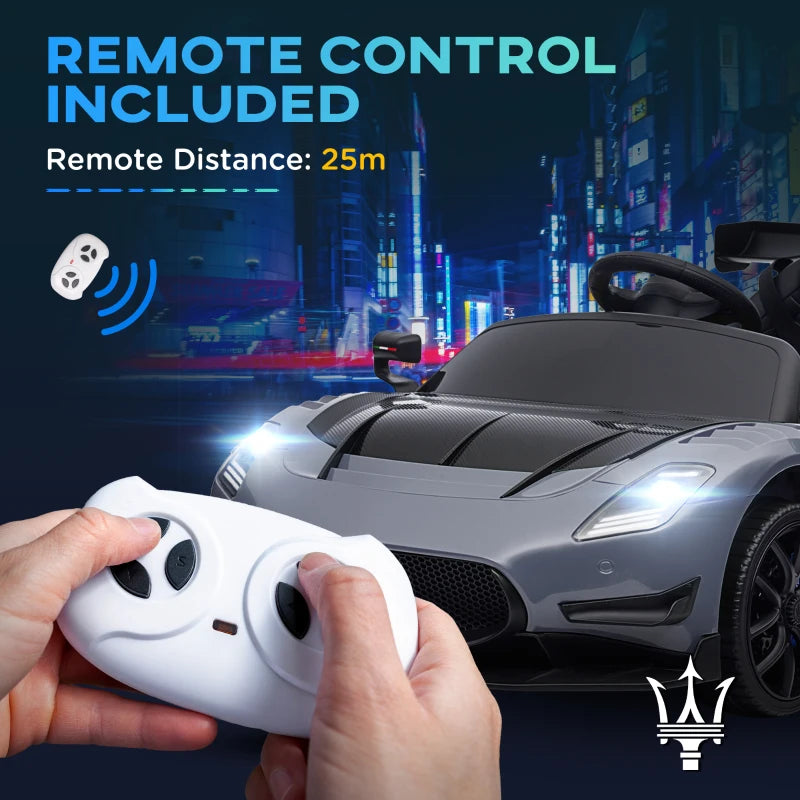 Maserati GT2 Licensed 12V Kids Electric Ride on Car with 4 Suspension Wheels, Remote Control, Music, Horn, Lights, Grey