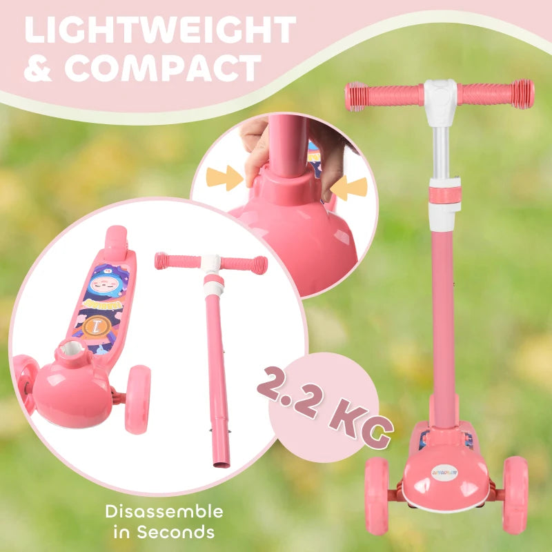 Kids 3 Wheel Scooter for 2-6 Years Old w/ Adjustable Height, LED Light, TPE Handlebar, Pink
