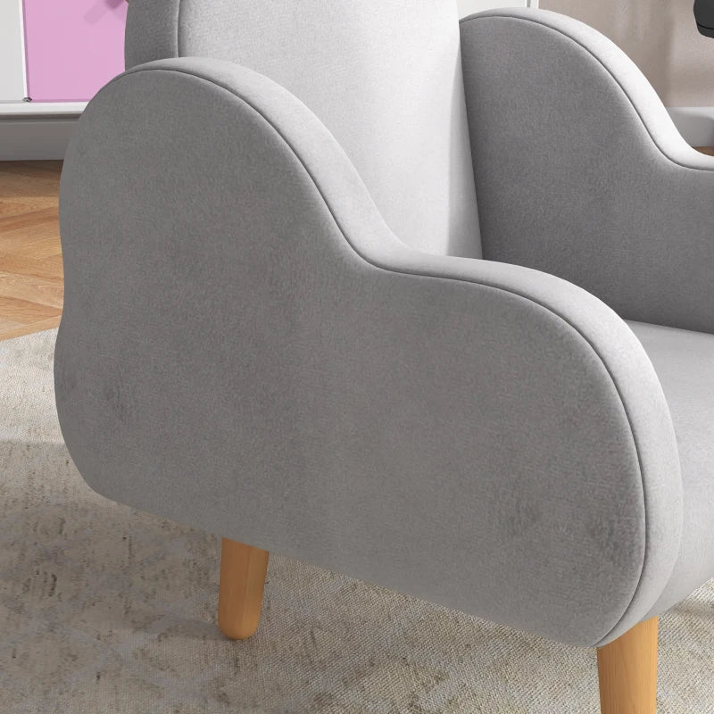 Kids Armchair Toddler Sofa Children Chair with Arm Rest, Wooden Frame, Velvet, PP Legs, Cloud Shape, for Ages 1.5-3 Years - Grey