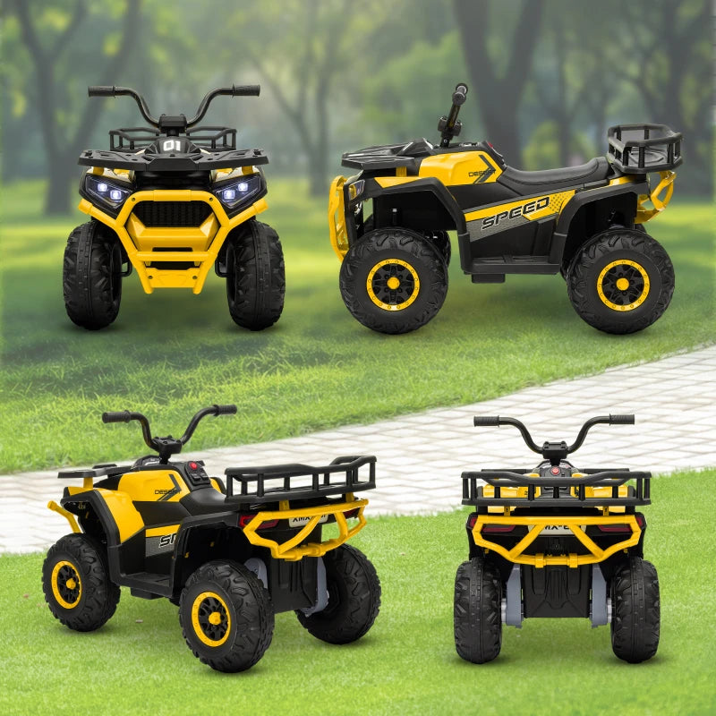12V Kids Electric Ride on ATV, Battery-Powered Quad Bike w/ Spring Suspension, Forward Backward, Storage Basket, Yellow