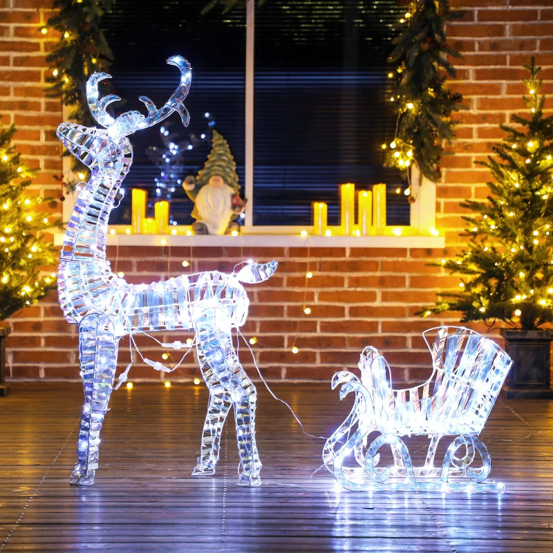 Lighted Christmas Reindeer with Sleigh, Outdoor Yard Reindeer with 170 Warm White LED Lights, Holiday Decor with Stakes, Waterproof, Silver