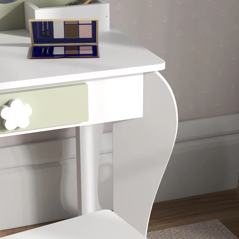 Kids Vanity Table with Mirror and Stool, Drawer, Storage Boxes, Flower Design, for Ages 3-6 Years - White