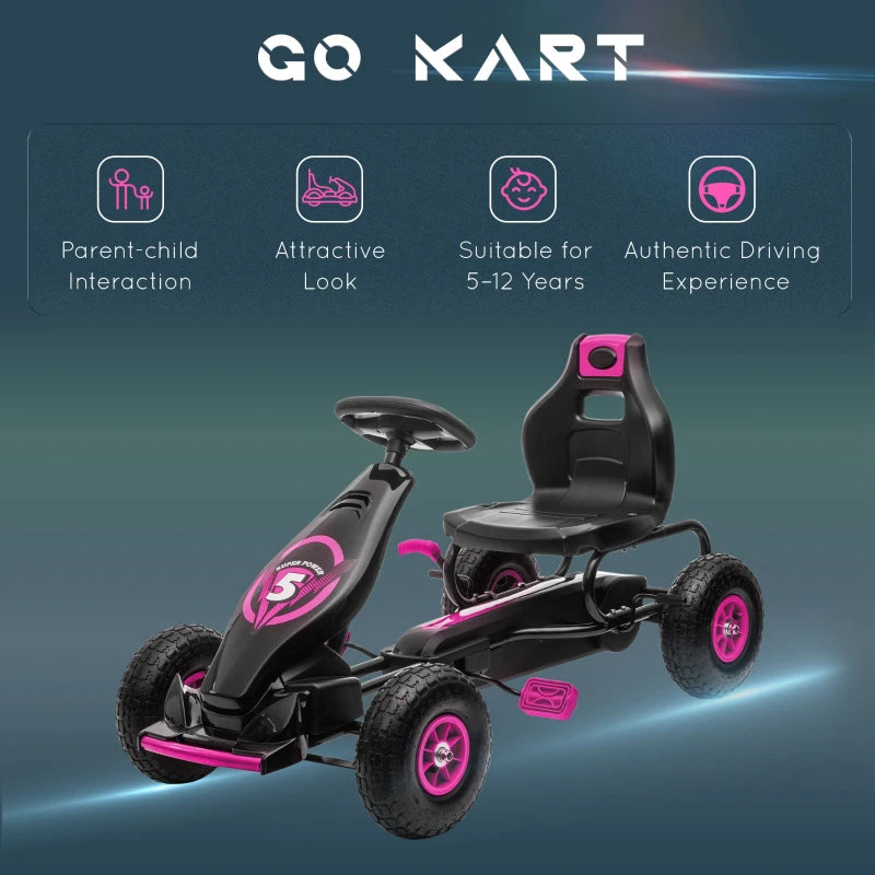 Kids Pedal Go Kart, with Adjustable Seat, Inflatable Tyres - Pink