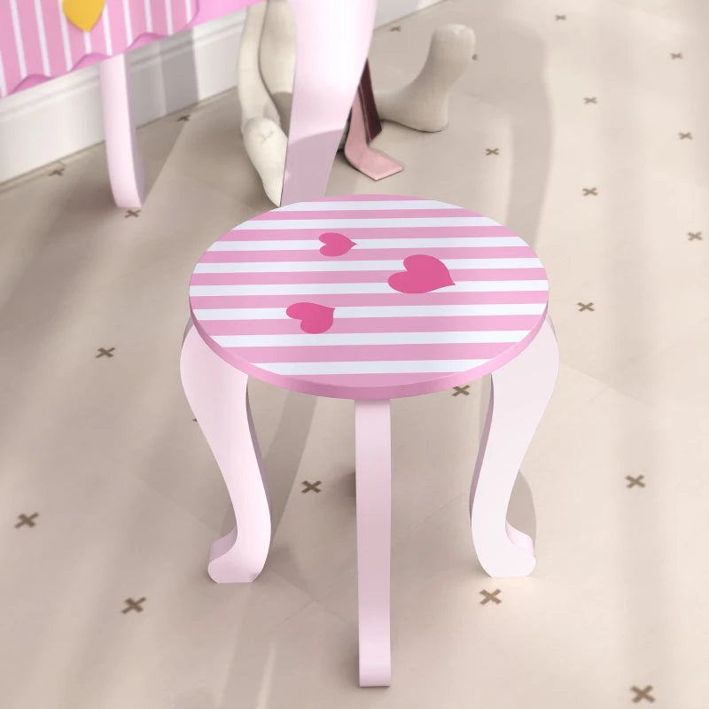 Kids Dressing Table Set, Vanity Table with Stool, Mirror, Drawer, Desktop Storage, Heart Theme, Pink