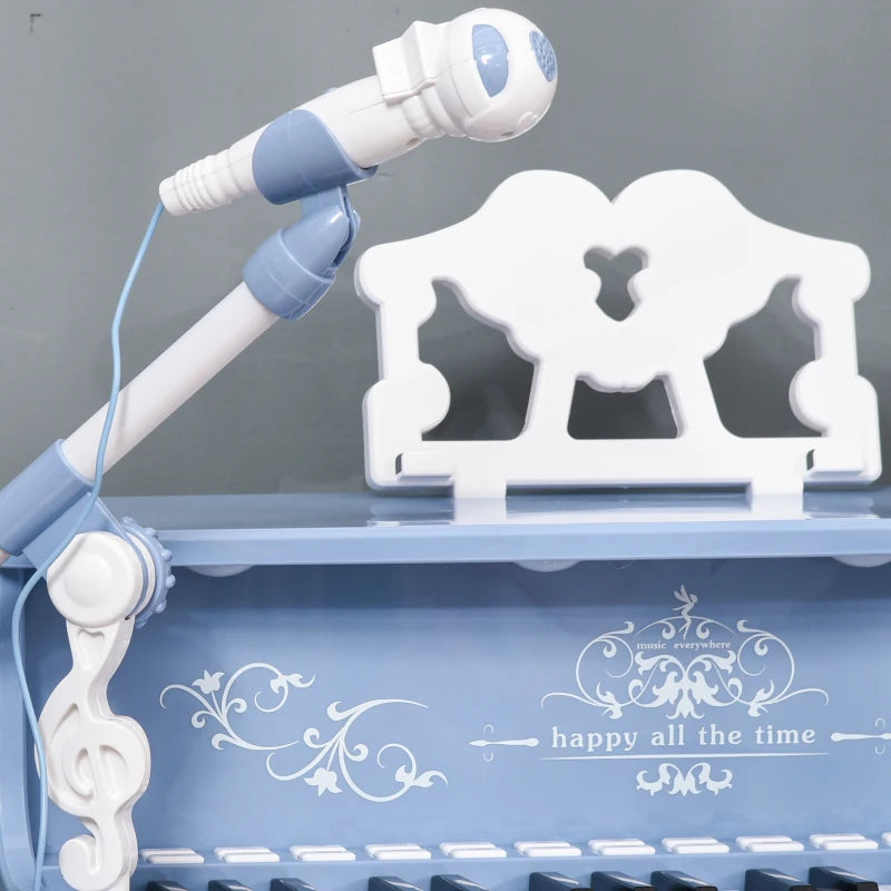 37 Keys Kids Piano Mini Electronic Keyboard Light Kids Musical Instrument Educational Game Children Grand Piano Toy Set w/Stool & Microphone & Music Stand (Blue)