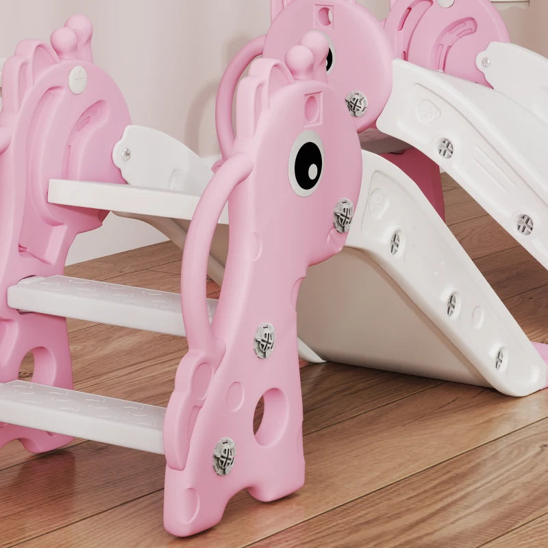 3 in 1 Kids Slide with Climber, Basketball Hoop and Ball, Giraffe Shape Climber Slide for Indoor Kids Age 1-3, Pink