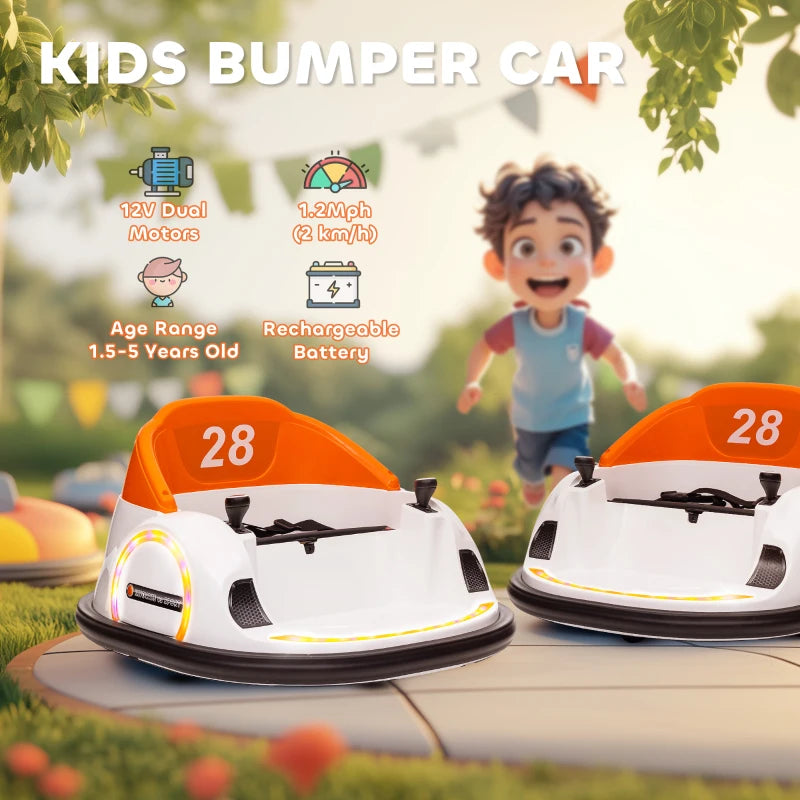 360° Rotation Kids Bumper Car, 12V Waltzer Car with Remote Control, Dual Joysticks, Music Lights, Orange
