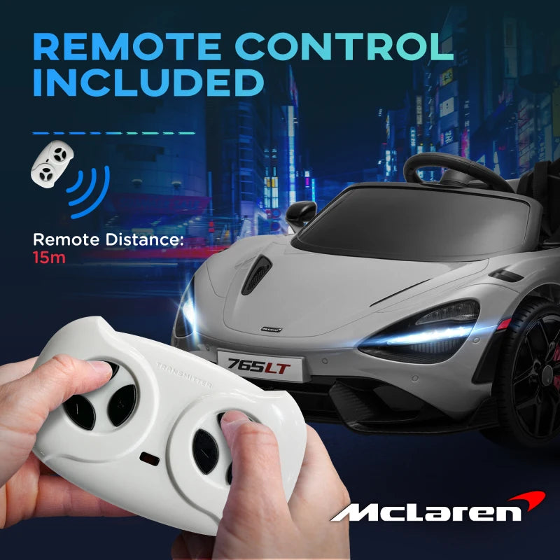 McLaren 765LT Licensed 12V Kids Electric Ride on Car with Butterfly Doors, Remote Control, Transport Wheels, Grey