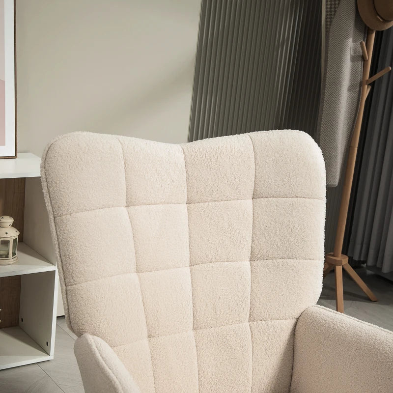 Modern Accent Chair, Upholstered Tufted Wingback Armchair with Seat Padding, Teddy Fleece Leisure Lounge Bedroom Chair with Wood Legs, Cream White