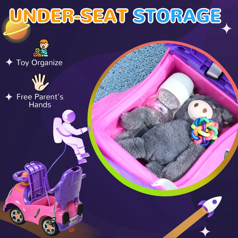 3 in 1 Ride on Push Car, Cartoon Robot Theme Foot to Floor Slider w/ Handle Light Music Horn, Storage - Pink