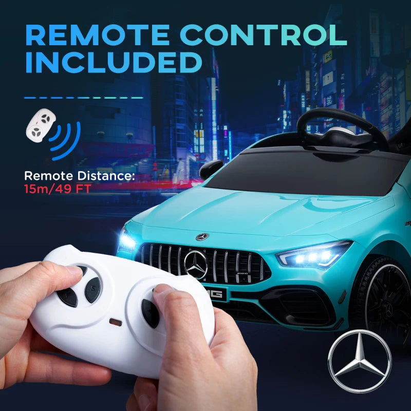 Mercedes-Benz AMG CLA 45 Licensed 12V Kids Electric Car Ride on Car w/ Remote, Suspension Lights Music Horn - Light Blue