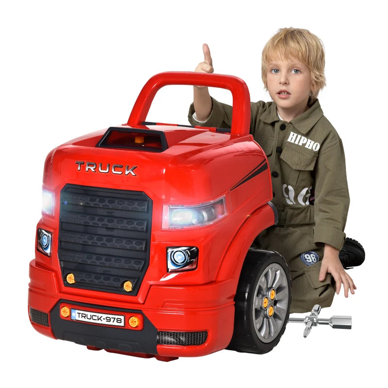 Kids Truck Engine Toy Set, Toddler Educational Car Service Station Playset, Take Apart Workshop, w/ RC Car Key, Steering wheel, Horn, Light, for 3-5 Years Old Red