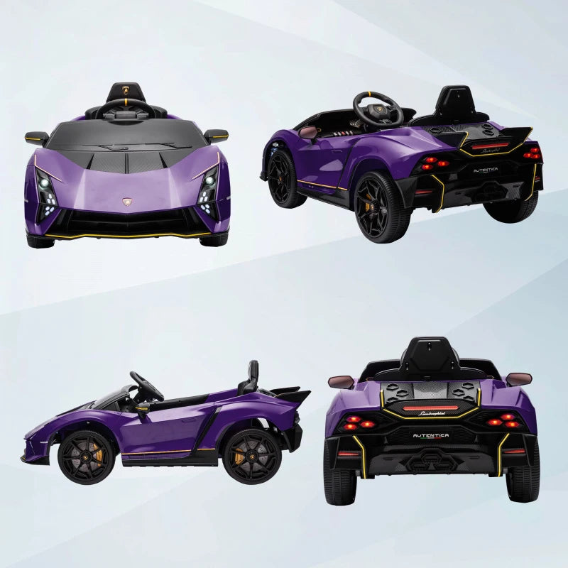 12V Lamborghini Autentica Licensed Kids Electric Car with Remote Control, Four Suspension Wheels, Soft Start, Purple