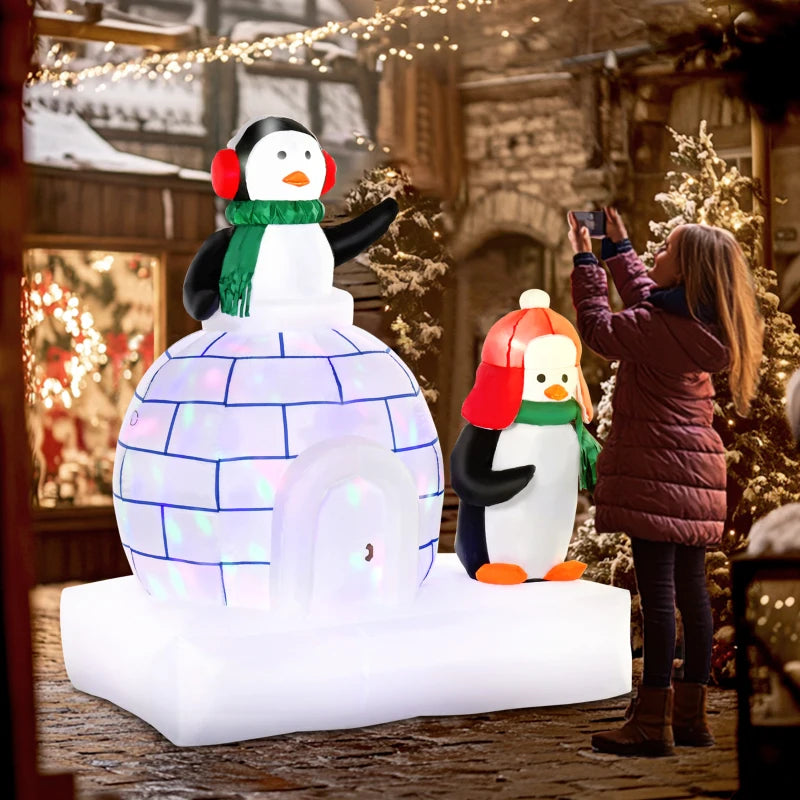 5ft Christmas Inflatable Two Penguins Wearing a Scarf with Ice House Blow Up Decor Home Indoors with Built-in LED Lights Outdoor Toys in Lawn Garden