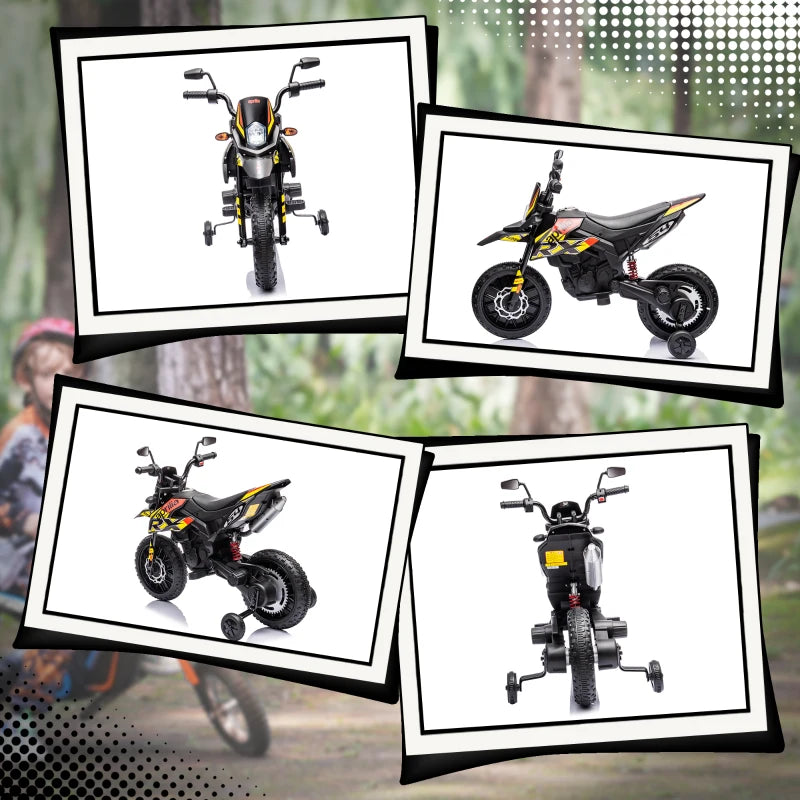 12V Aprilia Licensed Kids Motorbike with Training Wheels, Spring Suspension, LED Headlight, USB, Music, Yellow/black