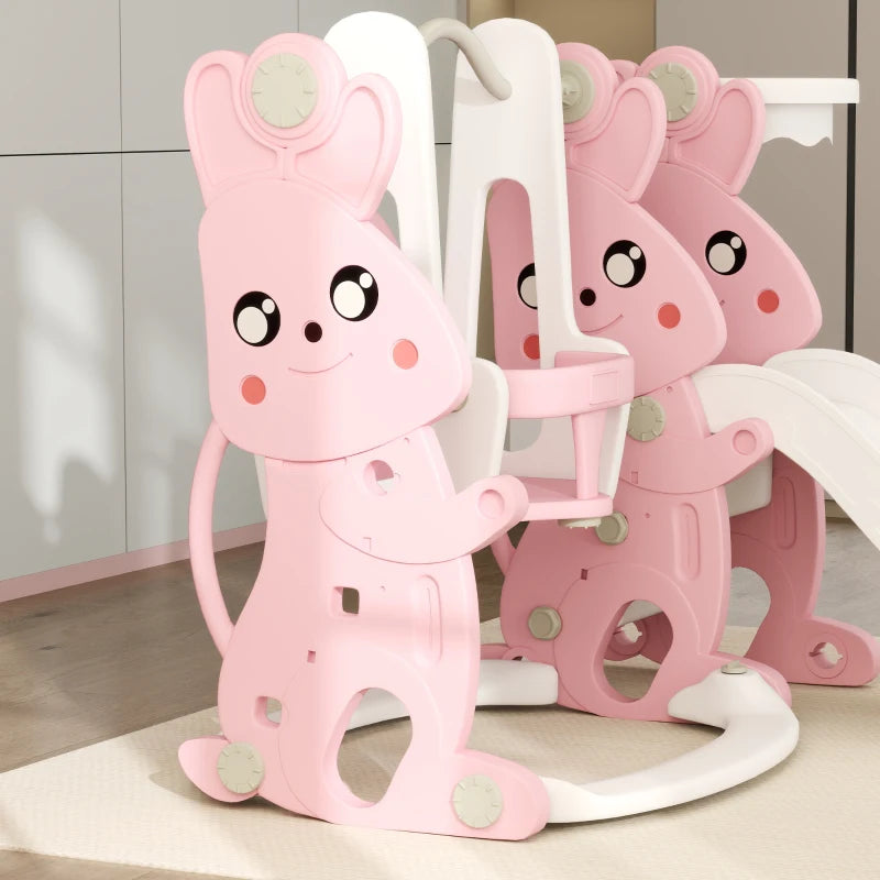 4 in 1 Kids Slide and Swing Set with Climber, Basketball Hoop, Rabbit-Themed, Pink