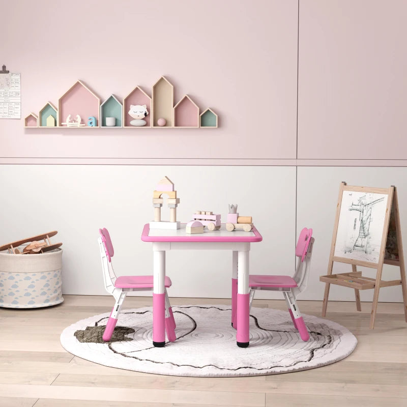 Height Adjustable Toddler Table and Chair Set, 3-Piece Children Activity Table w/ 2 Chairs for Playroom, Bedroom - Pink