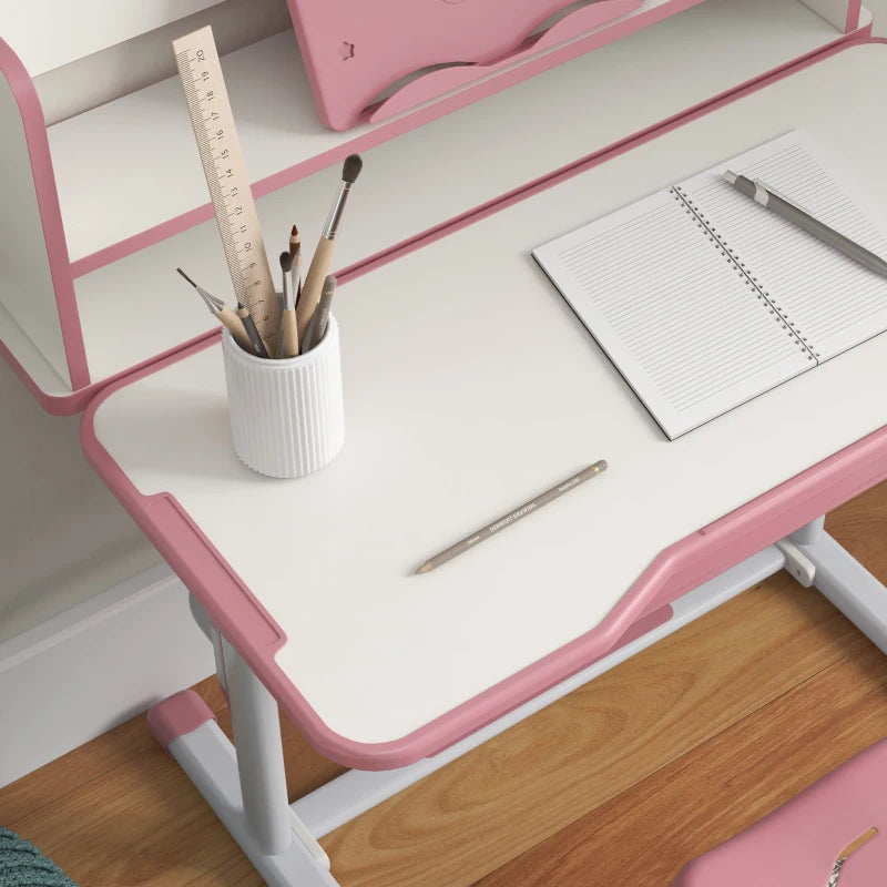 Height Adjustable Kids Study Table and Chair Set, with Drawer, Storage Shelf, 80 x 54.5 x 104 cm, Pink
