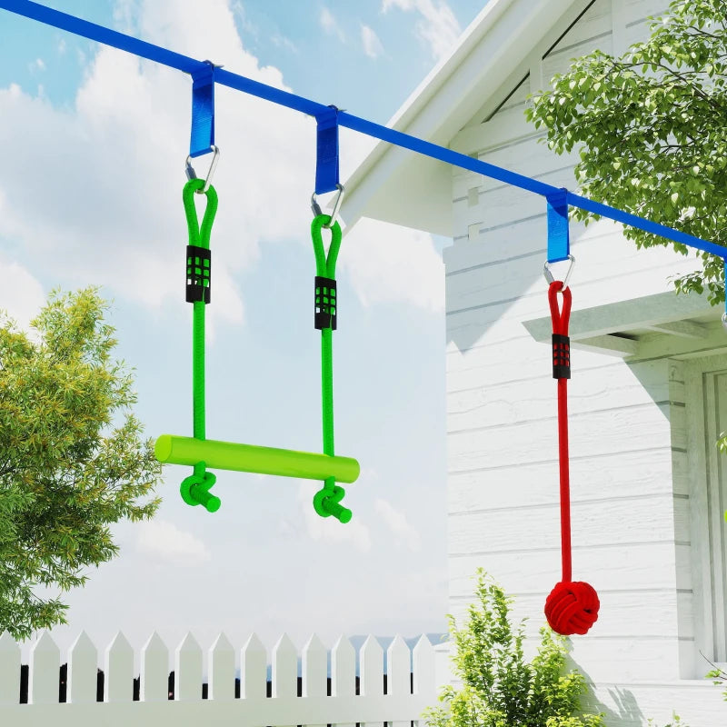 10-Piece Zip Line Kit for Kids with 10m Slackline, Monkey Bars, Swing, Climbing Ladder, Hanging Tray, Metal Rings