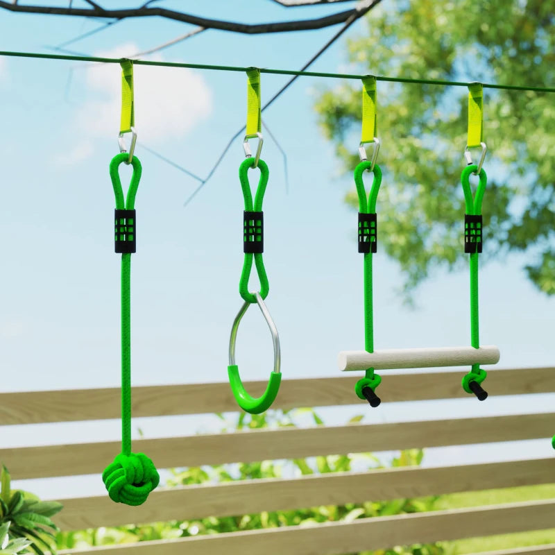 7-Piece Kids Zip Line Kit for Garden, 10m Kids Slackline Kit with Wooden Monkey Bars, Metal Rings, Gripping Balls, Green