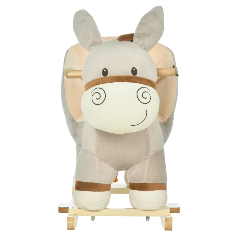 Kids Rocking Horse, Children Plush Ride On Donkey Animal Rocker w/ Sound, Wood Base Seat, Safety Belt, Baby Toy Rocker for Toddler 18 - 36 Months, Grey