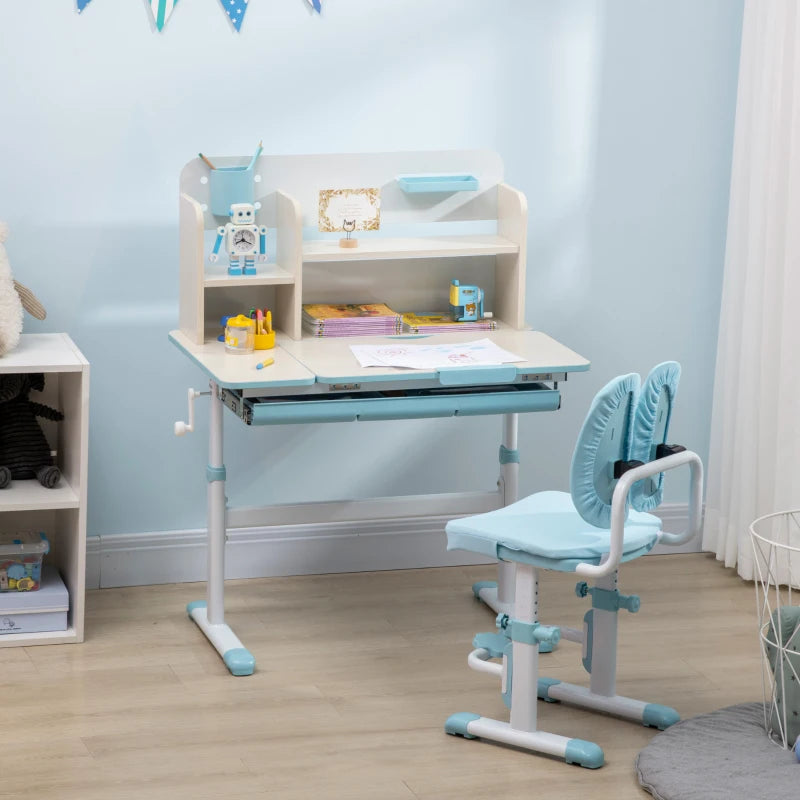 Kids Desk and Chair Set, with Storage Shelves, Washable Cover, for Ages 3-12 Years - Blue