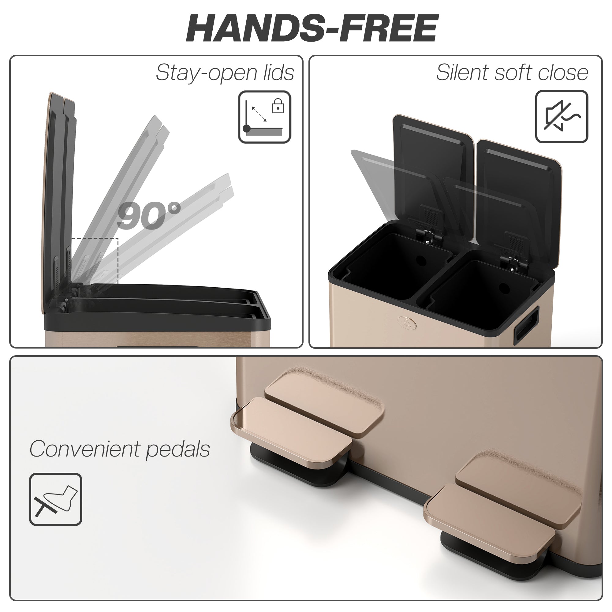 HOMCOM 2 x 15L Dual Kitchen Bin Pedal Bin for Recycling and Waste, Gold Tone