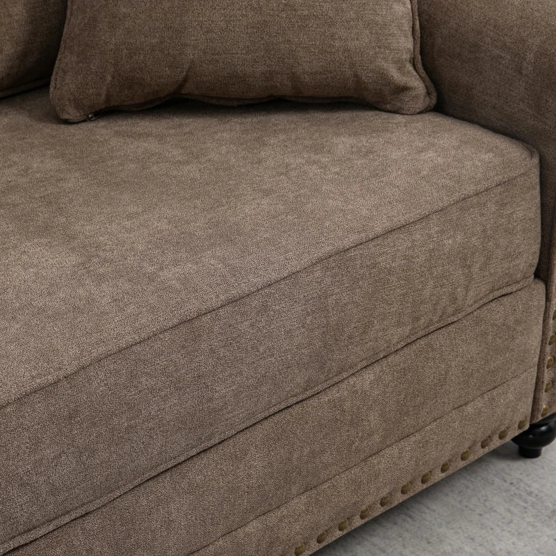 196cm 3 Seater Sofa, Fabric Sofa with Rubber Wood Legs, Nailhead Trim, 2 Pillows, Small Upholstered Couch Settee for Living Room, Guest Room, Brown
