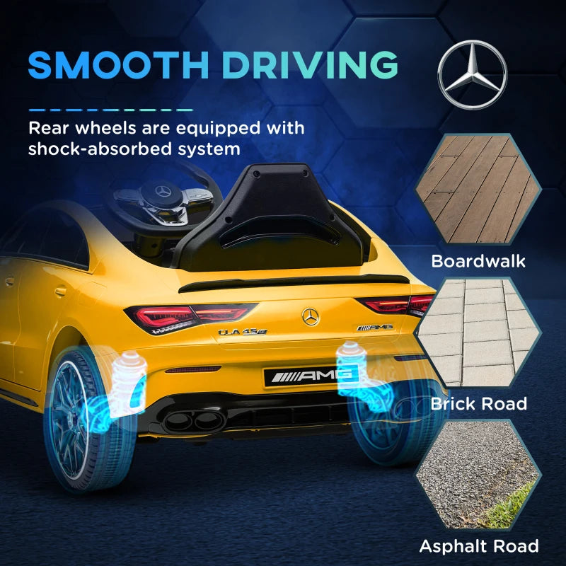 Mercedes-Benz AMG CLA 45 Licensed 12V Kids Electric Car Ride on Car w/ Remote, Suspension Lights Music Horn - Yellow