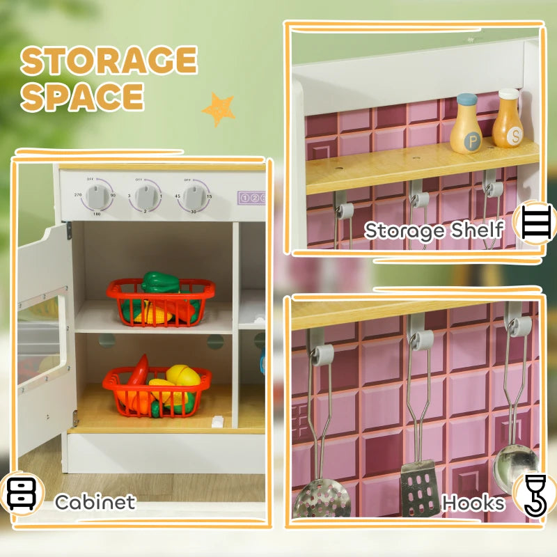 Kids Play Kitchen, Pretend Play Kitchen with Realistic Oven, Stove, Sink, Kitchen, Accessories, White